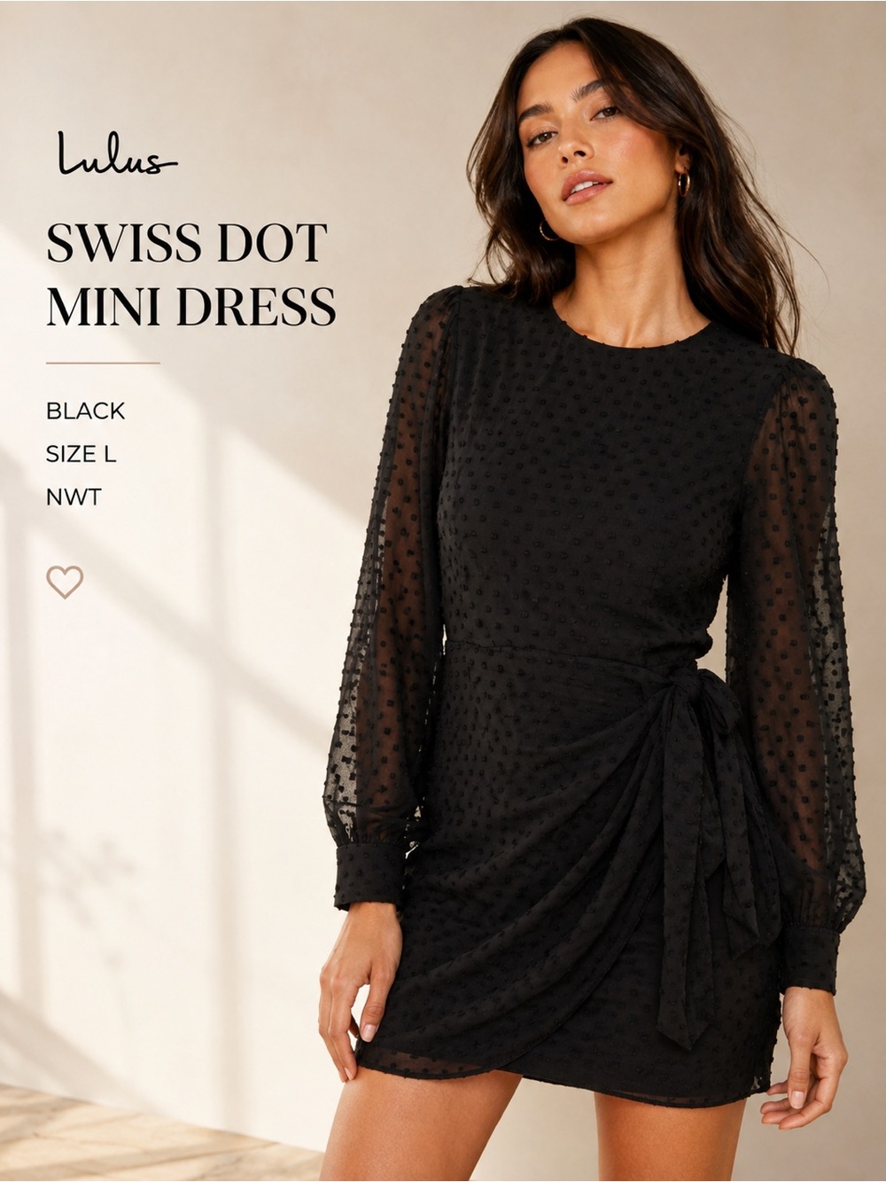 Lulus Black Swiss Dot Ruched Tie Mini Dress Size L NWT